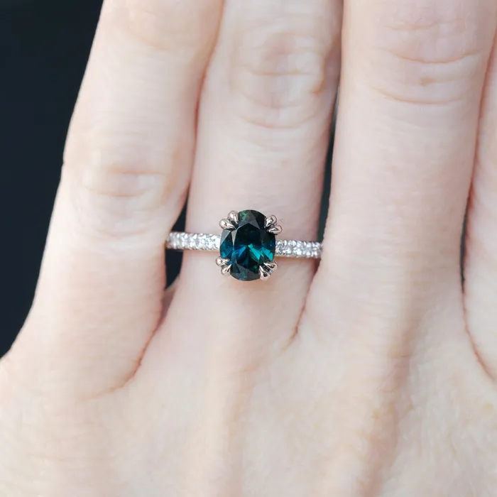 Anueva Jewelry Rings 148ct Nigerian Oval Sapphire and Hidden Diamond Halo Ring in Platinum