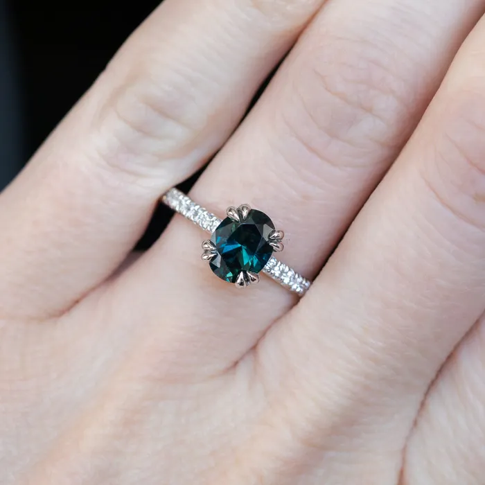 Anueva Jewelry Rings 148ct Nigerian Oval Sapphire and Hidden Diamond Halo Ring in Platinum