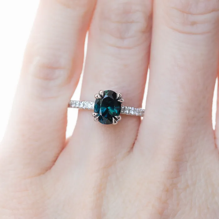 Anueva Jewelry Rings 148ct Nigerian Oval Sapphire and Hidden Diamond Halo Ring in Platinum