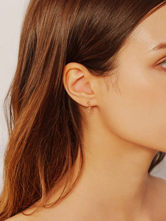 MinimalBijoux Earrings 14K Gold Modern Cubic Cross Drop Cartilage Earring 20G