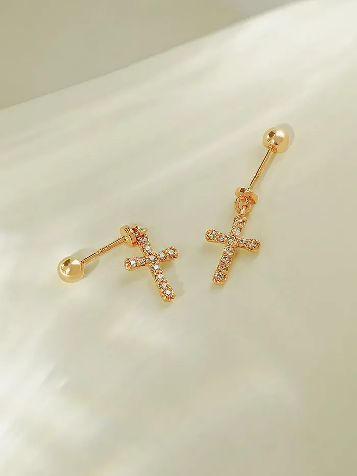 MinimalBijoux Earrings 14K Gold Modern Cubic Cross Drop Cartilage Earring 20G