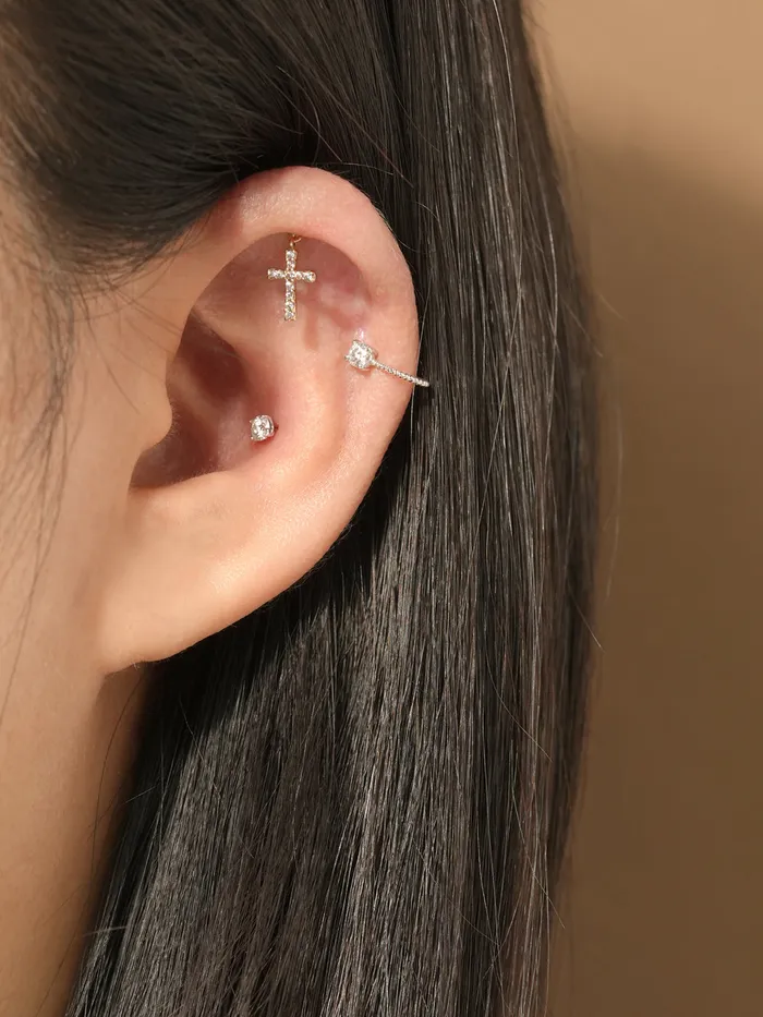 MinimalBijoux Earrings 14K Gold Modern Cubic Cross Drop Cartilage Earring 20G