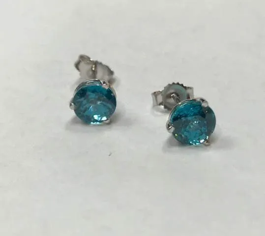 Moriartys Gem Art Earrings 14K White Gold Round Brilliant Blue Zircon Stud Earrings 301 Carats