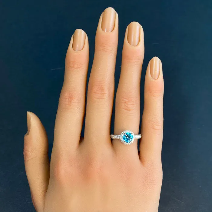 Rings Moriartys Gem Art 14K Yellow Gold Round Brilliant Blue Zircon and Diamond Ring 129 Carats