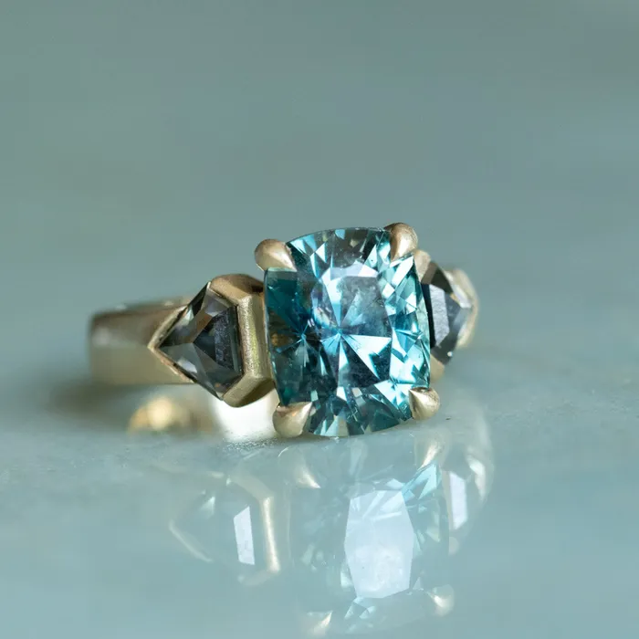 Rings NASHAN 486ct Teal Elongated Cushion Sapphire and Salt and Pepper Diamond Three Stone Ring in 14k Yellow