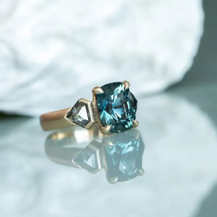 Rings NASHAN 486ct Teal Elongated Cushion Sapphire and Salt and Pepper Diamond Three Stone Ring in 14k Yellow