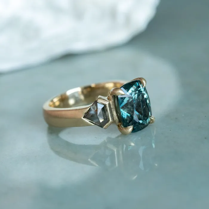 Rings NASHAN 486ct Teal Elongated Cushion Sapphire and Salt and Pepper Diamond Three Stone Ring in 14k Yellow