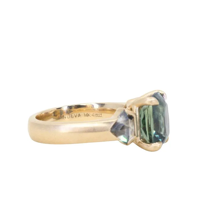 Rings NASHAN 486ct Teal Elongated Cushion Sapphire and Salt and Pepper Diamond Three Stone Ring in 14k Yellow