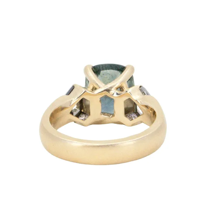 Rings NASHAN 486ct Teal Elongated Cushion Sapphire and Salt and Pepper Diamond Three Stone Ring in 14k Yellow