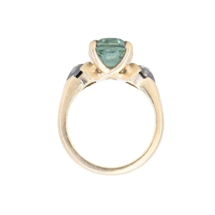 Rings NASHAN 486ct Teal Elongated Cushion Sapphire and Salt and Pepper Diamond Three Stone Ring in 14k Yellow