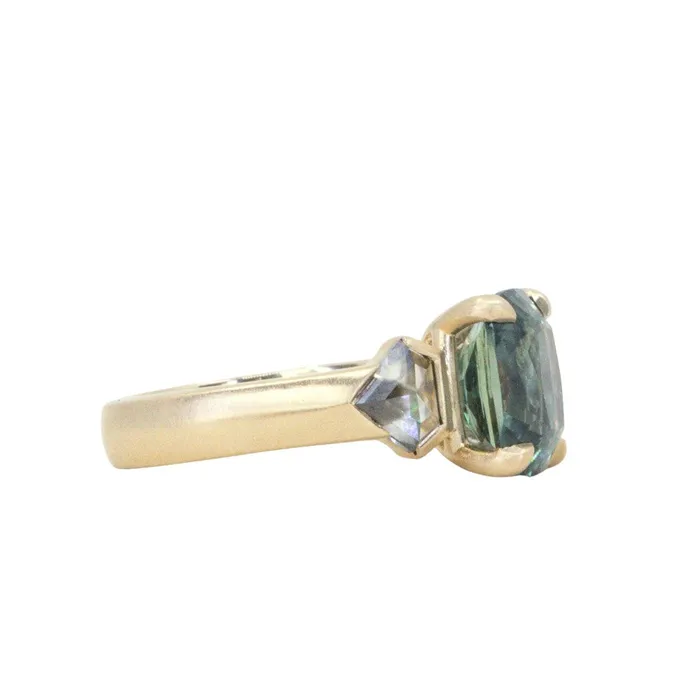 Rings NASHAN 486ct Teal Elongated Cushion Sapphire and Salt and Pepper Diamond Three Stone Ring in 14k Yellow