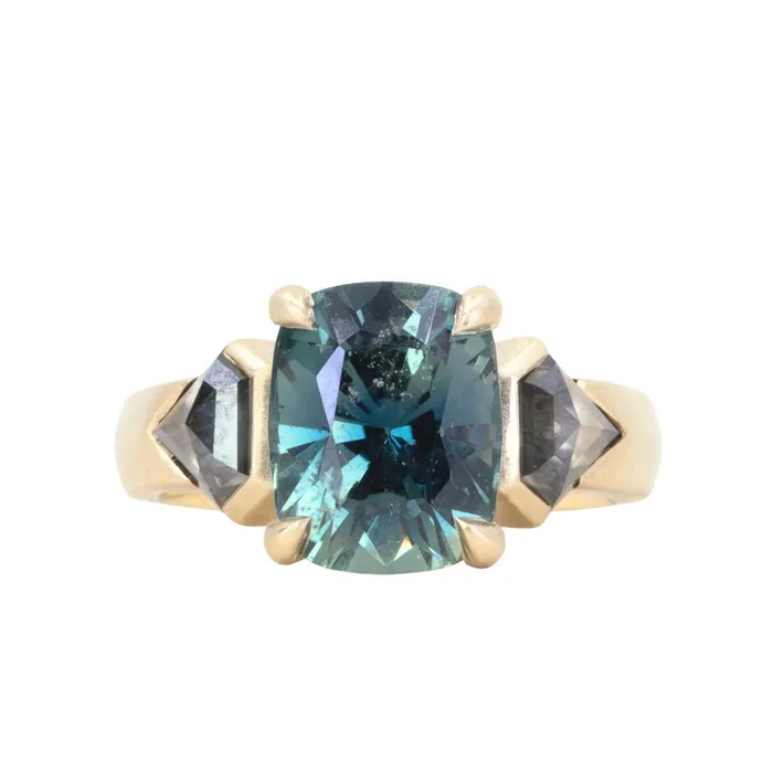 Rings NASHAN 486ct Teal Elongated Cushion Sapphire and Salt and Pepper Diamond Three Stone Ring in 14k Yellow
