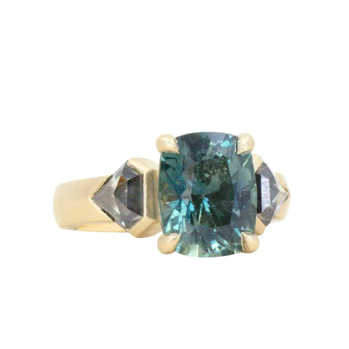 Rings NASHAN 486ct Teal Elongated Cushion Sapphire and Salt and Pepper Diamond Three Stone Ring in 14k Yellow