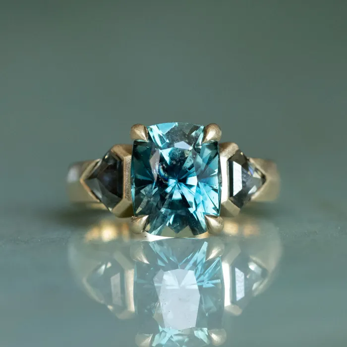 Rings NASHAN 486ct Teal Elongated Cushion Sapphire and Salt and Pepper Diamond Three Stone Ring in 14k Yellow