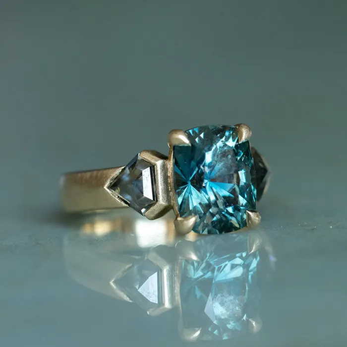 Rings NASHAN 486ct Teal Elongated Cushion Sapphire and Salt and Pepper Diamond Three Stone Ring in 14k Yellow