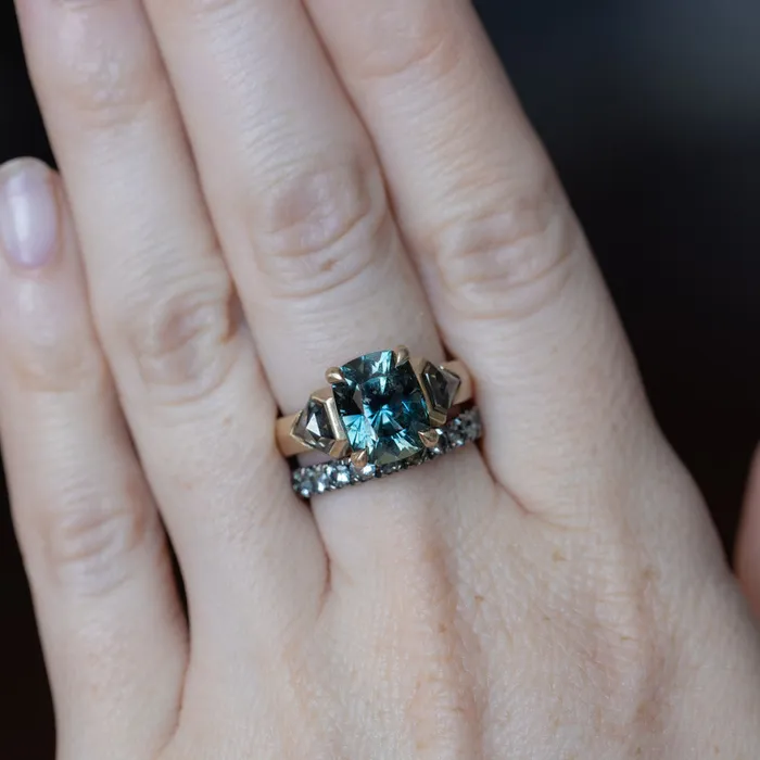 Rings NASHAN 486ct Teal Elongated Cushion Sapphire and Salt and Pepper Diamond Three Stone Ring in 14k Yellow