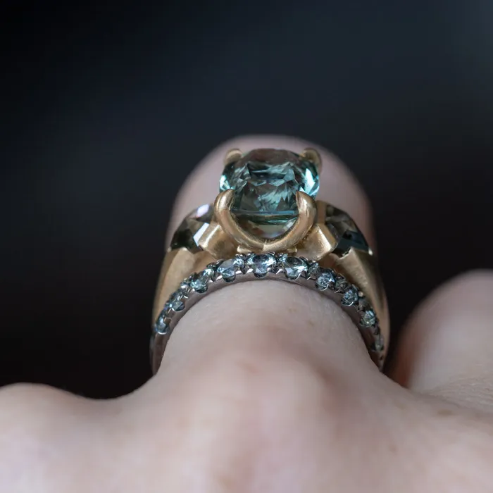 Rings NASHAN 486ct Teal Elongated Cushion Sapphire and Salt and Pepper Diamond Three Stone Ring in 14k Yellow