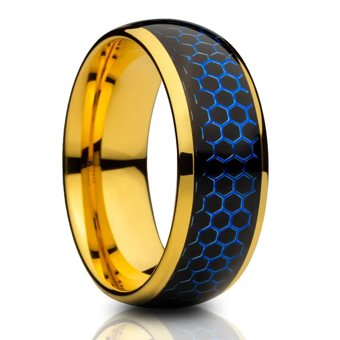 Clean Casting Jewelry Rings Honeycomb Wedding Ring Yellow Gold Wedding Ring Tungsten Carbide Ring 8mm