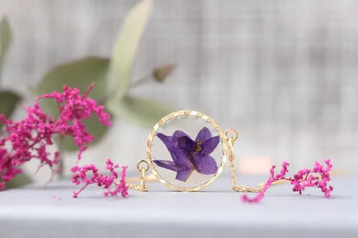 Fancy Necklaces Fancy Violet Pressed Flower Gold Plated Necklace