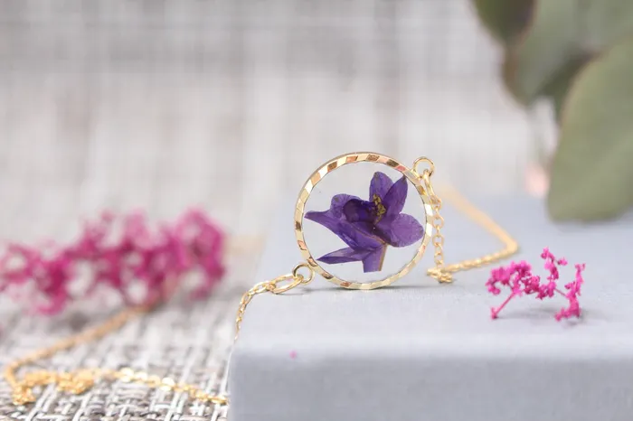 Fancy Necklaces Fancy Violet Pressed Flower Gold Plated Necklace