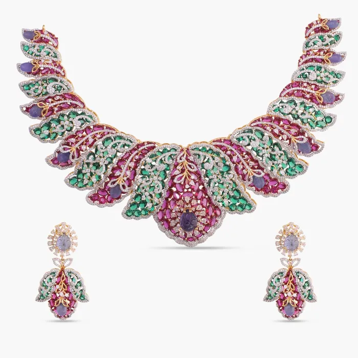 Necklaces SILVER Floral Brocade Statement Silver Necklace Set