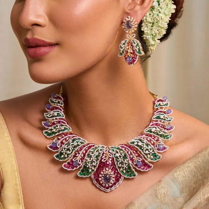 Necklaces SILVER Floral Brocade Statement Silver Necklace Set