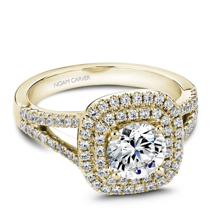 Rings International Diamond Center Noam Carver Yellow Gold Split Shank Diamond Engagement Ring Setting with Double Halo 048 CTW
