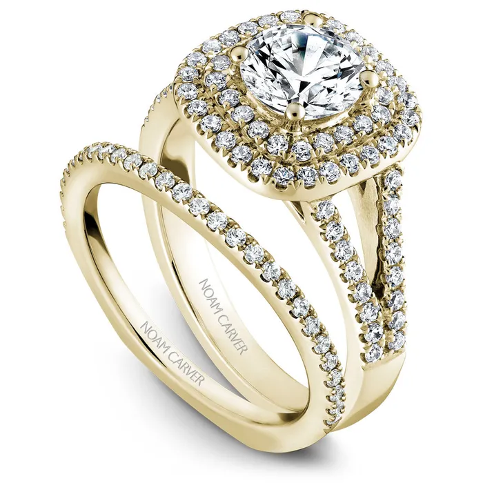 Rings International Diamond Center Noam Carver Yellow Gold Split Shank Diamond Engagement Ring Setting with Double Halo 048 CTW