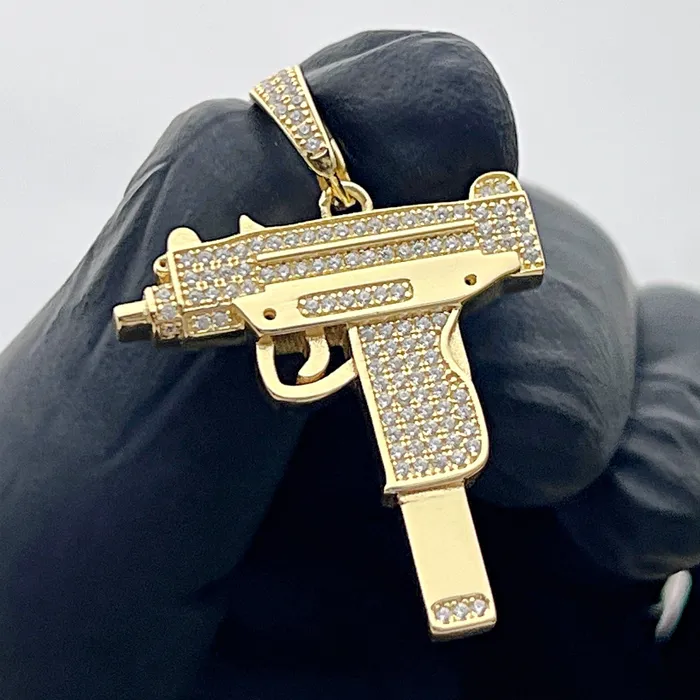 14k Gold Plated 925 Sterling Silver Uzi Gun Pendant Iced Bling Out CZ Bling Cartel Necklaces 14k Gold Plated 925 Sterling Silver Uzi Gun Pendant Iced Bling Out CZ Bling Cartel Necklaces