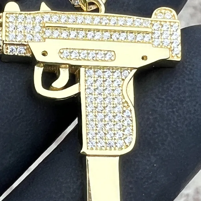 14k Gold Plated 925 Sterling Silver Uzi Gun Pendant Iced Bling Out CZ Bling Cartel Necklaces 14k Gold Plated 925 Sterling Silver Uzi Gun Pendant Iced Bling Out CZ Bling Cartel Necklaces