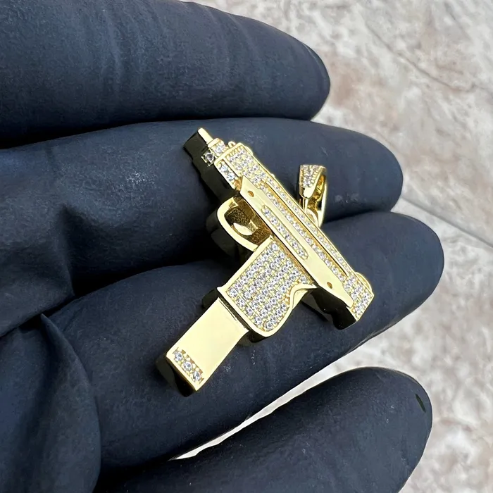 14k Gold Plated 925 Sterling Silver Uzi Gun Pendant Iced Bling Out CZ Bling Cartel Necklaces 14k Gold Plated 925 Sterling Silver Uzi Gun Pendant Iced Bling Out CZ Bling Cartel Necklaces