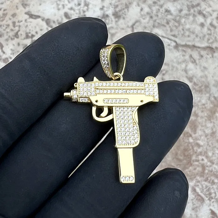 14k Gold Plated 925 Sterling Silver Uzi Gun Pendant Iced Bling Out CZ Bling Cartel Necklaces 14k Gold Plated 925 Sterling Silver Uzi Gun Pendant Iced Bling Out CZ Bling Cartel Necklaces