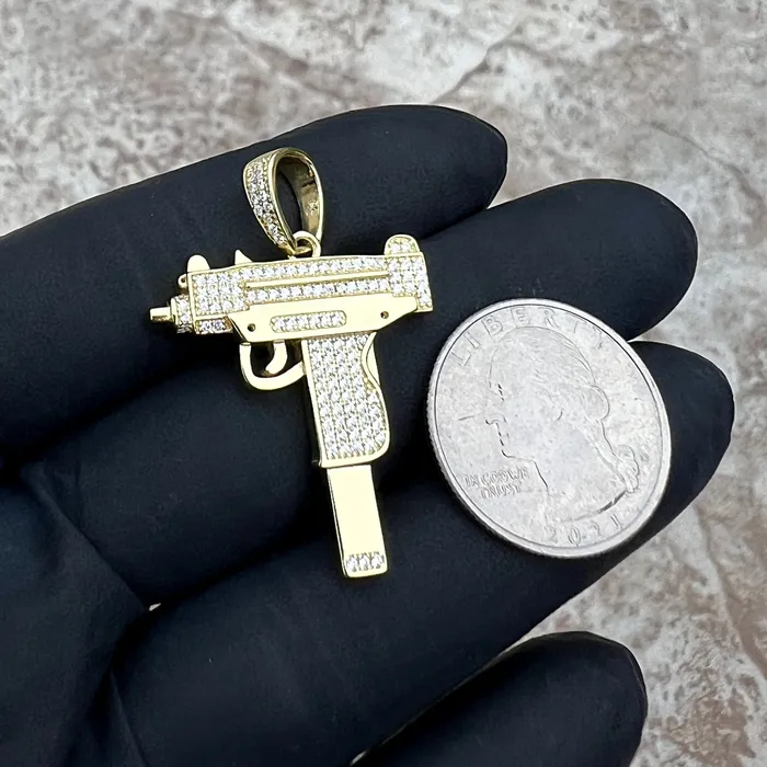 14k Gold Plated 925 Sterling Silver Uzi Gun Pendant Iced Bling Out CZ Bling Cartel Necklaces 14k Gold Plated 925 Sterling Silver Uzi Gun Pendant Iced Bling Out CZ Bling Cartel Necklaces