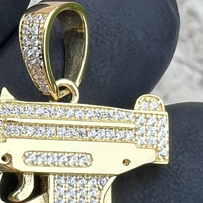 14k Gold Plated 925 Sterling Silver Uzi Gun Pendant Iced Bling Out CZ Bling Cartel Necklaces 14k Gold Plated 925 Sterling Silver Uzi Gun Pendant Iced Bling Out CZ Bling Cartel Necklaces