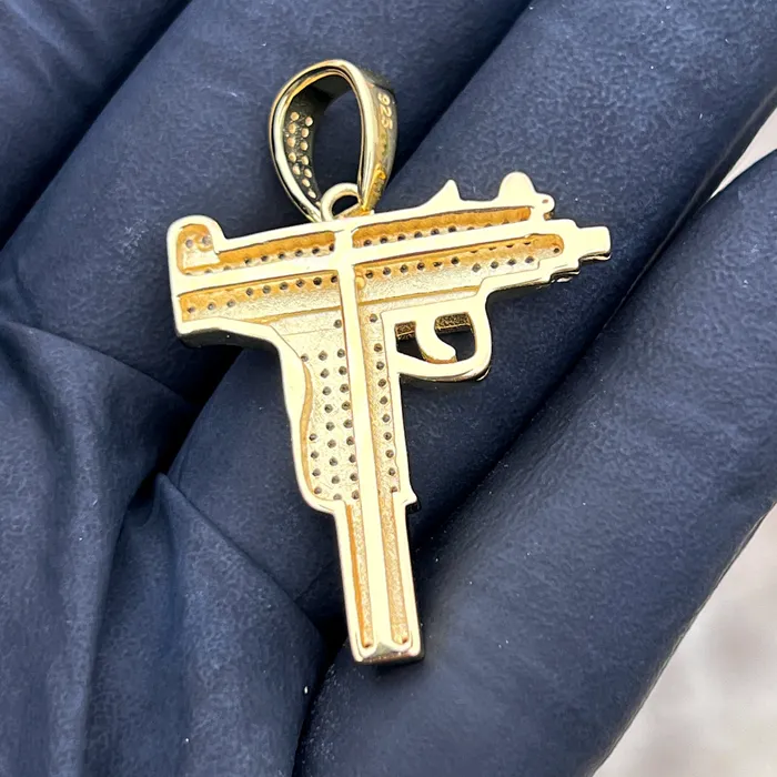 14k Gold Plated 925 Sterling Silver Uzi Gun Pendant Iced Bling Out CZ Bling Cartel Necklaces 14k Gold Plated 925 Sterling Silver Uzi Gun Pendant Iced Bling Out CZ Bling Cartel Necklaces