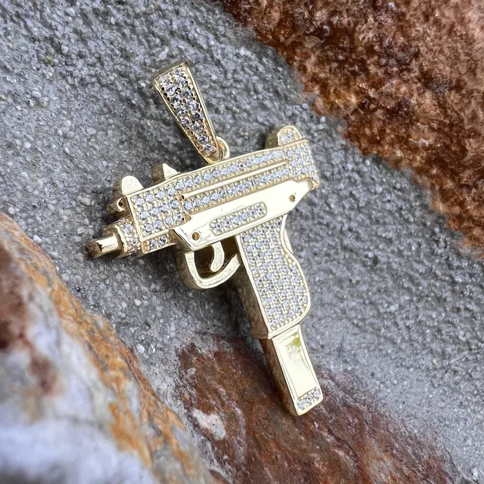 14k Gold Plated 925 Sterling Silver Uzi Gun Pendant Iced Bling Out CZ Bling Cartel Necklaces 14k Gold Plated 925 Sterling Silver Uzi Gun Pendant Iced Bling Out CZ Bling Cartel Necklaces