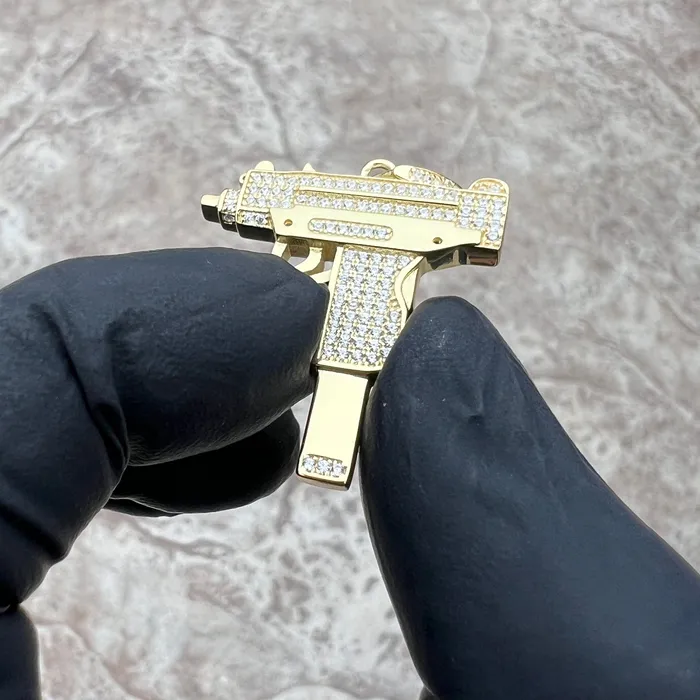 14k Gold Plated 925 Sterling Silver Uzi Gun Pendant Iced Bling Out CZ Bling Cartel Necklaces 14k Gold Plated 925 Sterling Silver Uzi Gun Pendant Iced Bling Out CZ Bling Cartel Necklaces