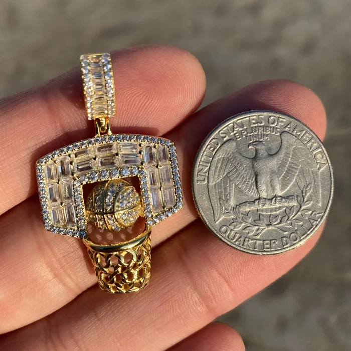 14K Gold Plated on 925 Sterling Silver Basketball Hoop Iced Pendant Flooded Out CZ Bling Cartel Earrings 14K Gold Plated on 925 Sterling Silver Basketball Hoop Iced Pendant Flooded Out CZ Bling Cartel Earrings