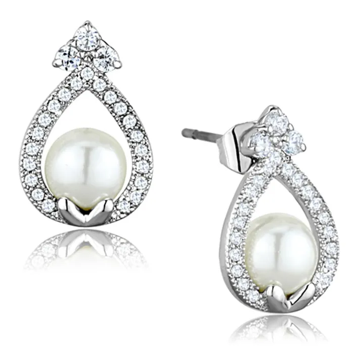 3W665 Rhodium Brass Earrings with Synthetic Pearl in White Alamode Earrings