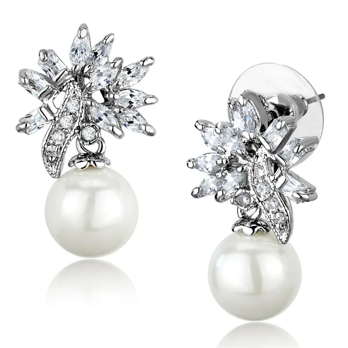 3W888 Rhodium Brass Earrings with Synthetic Pearl in White Alamode Earrings