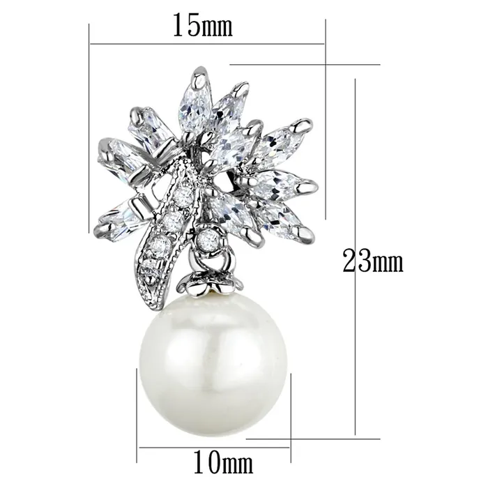 3W888 Rhodium Brass Earrings with Synthetic Pearl in White Alamode Earrings