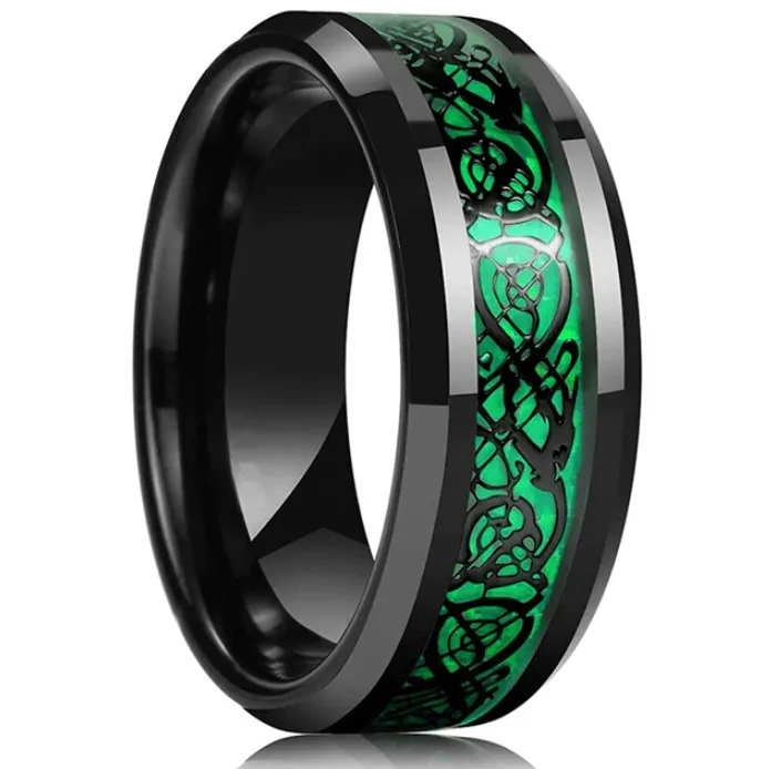 8MM Black Tungsten Mens Wedding Band with Green Celtic Dragon Inlay VVS Jewelry Rings