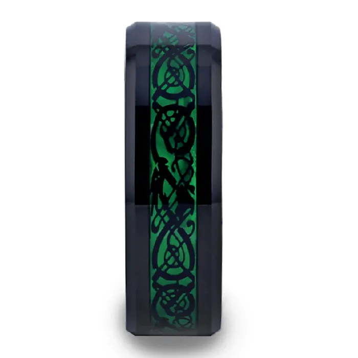 8MM Black Tungsten Mens Wedding Band with Green Celtic Dragon Inlay VVS Jewelry Rings