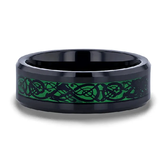 8MM Black Tungsten Mens Wedding Band with Green Celtic Dragon Inlay VVS Jewelry Rings