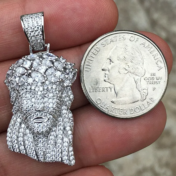 925 Sterling Silver Iced Flooded Out Baguette Crown Jesus Pendant SMALL Bling Cartel Admin Necklaces
