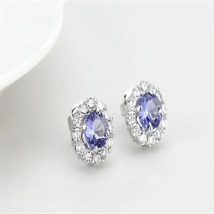 Alamode Earrings LO4674 Rhodium Brass Earrings with Synthetic Synthetic Glass in Tanzanite
