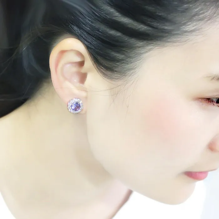 Alamode Earrings LO4674 Rhodium Brass Earrings with Synthetic Synthetic Glass in Tanzanite