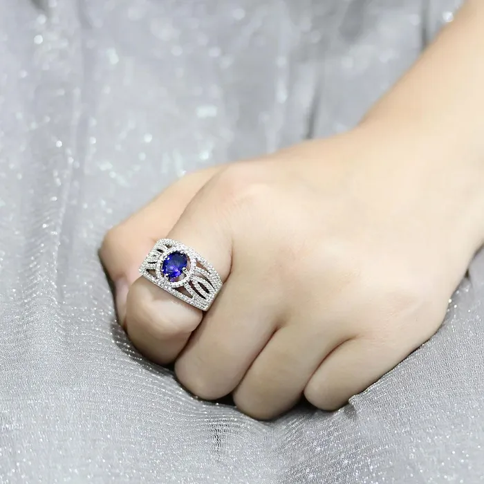 Alamode Rings 3W1567 Rhodium Brass Ring with Synthetic Spinel in London Blue