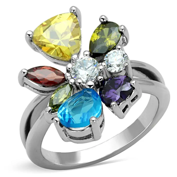 Alamode Rings Jaime Cocktail Ring Rhodium Brass AAA CZ Multi Color 3W789