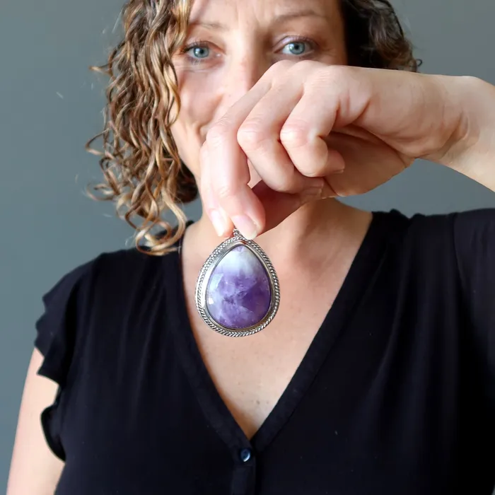 Amethyst Pendant Big Purple Teardrop Stone Silver Satin Crystals Necklaces